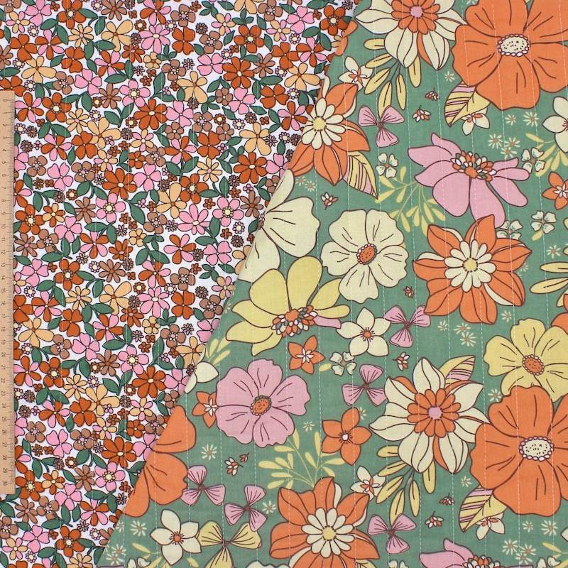 Double-faced floral quilted fabric - green/white