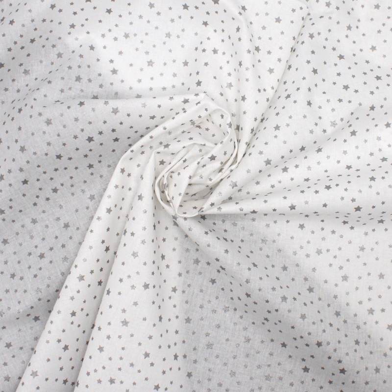 Tissu 100% coton étoiles argentées - blanc