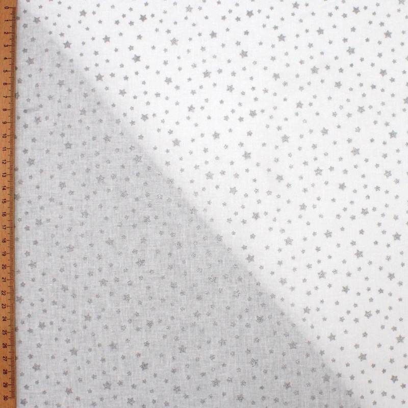 100% cotton fabric with silver stars - white