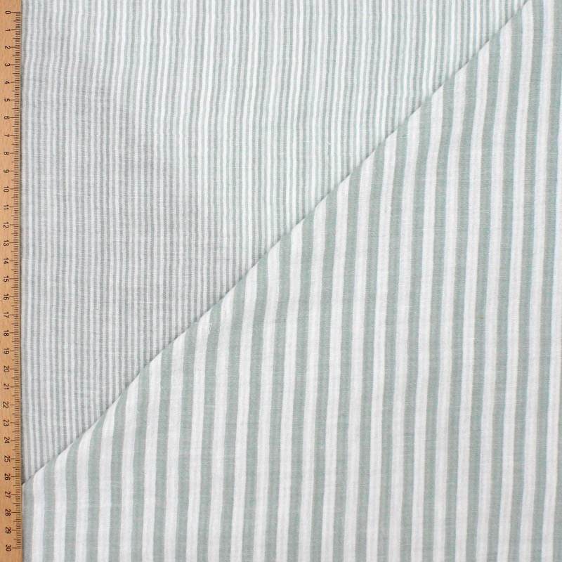 Tissu double gaze double face à rayures - vert de gris/ blanc cassé