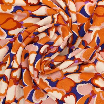 Tissu 100% viscose imprimé fleurs - bleu/orange