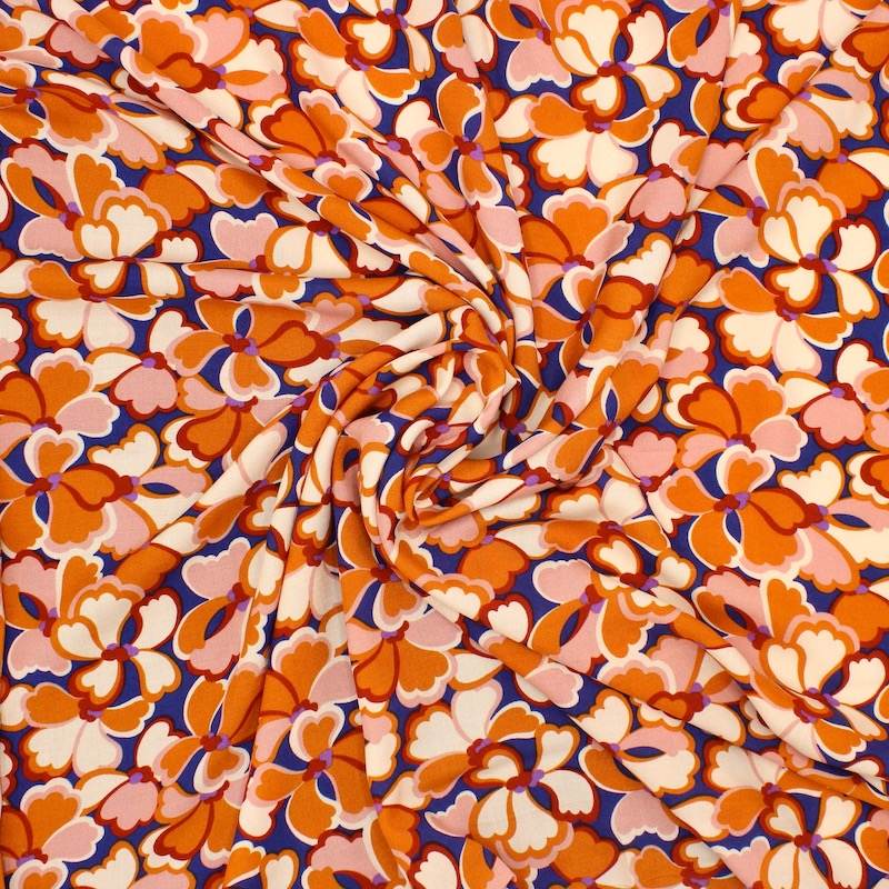 Tissu 100% viscose imprimé fleurs - bleu/orange