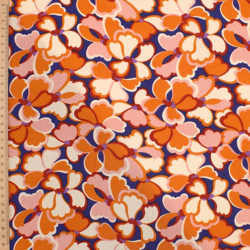 Tissu 100% viscose imprimé fleurs - bleu/orange