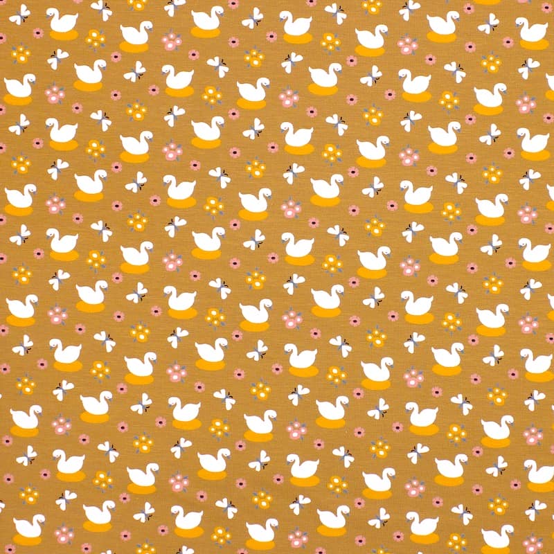 Jersey fabric with ducks - mustard yellow