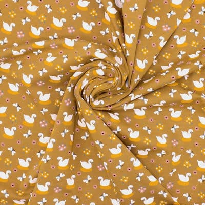 Jersey fabric with ducks - mustard yellow