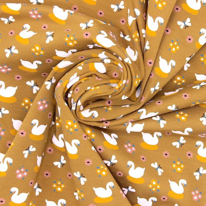 Jersey fabric with ducks - mustard yellow