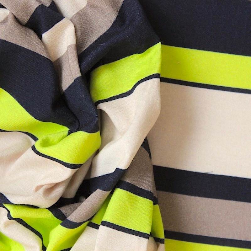 Tissu jersey à rayure jaune fluo, beige et noire