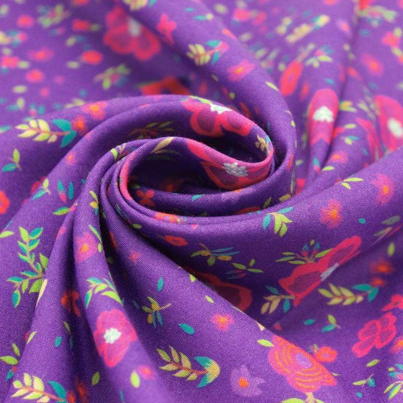 Popeline viscose fleurs - mauve