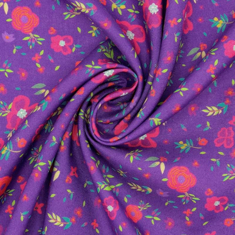 Viscose fabric with flowers - purple