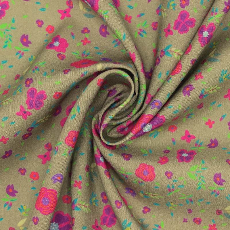 Viscose fabric with flowers - khaki