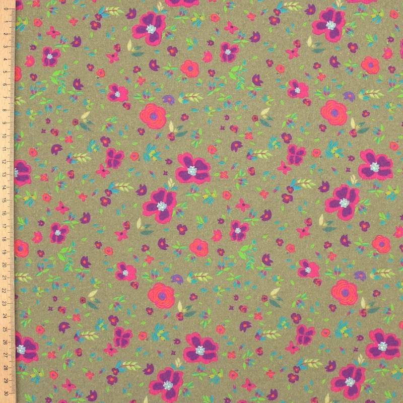 Viscose fabric with flowers - khaki