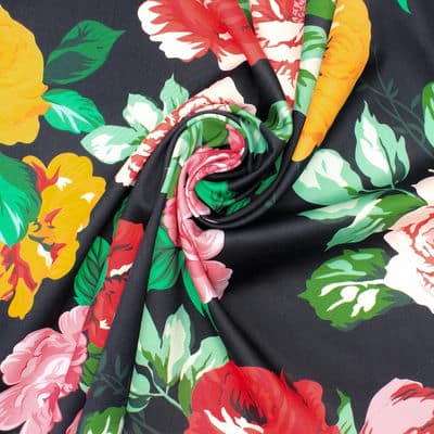 Satin cotton fabric with flowers - black 