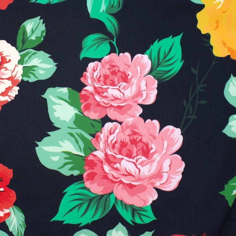 Satin cotton fabric with flowers - black 