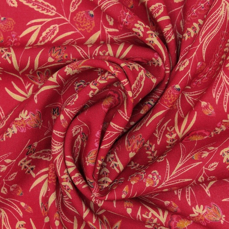 100% viscose met bloemen - rood 