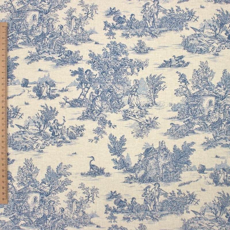 Tissu coton imprimé toile de jouy - bleu