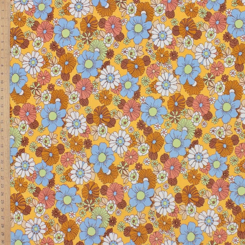 Extensible cotton fabric with twill weave and  with flowers - mandarine 