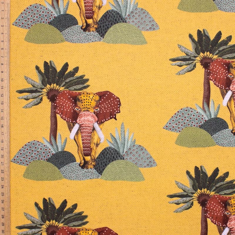 Fabric in cotton and linen with elephants - mustard yellow