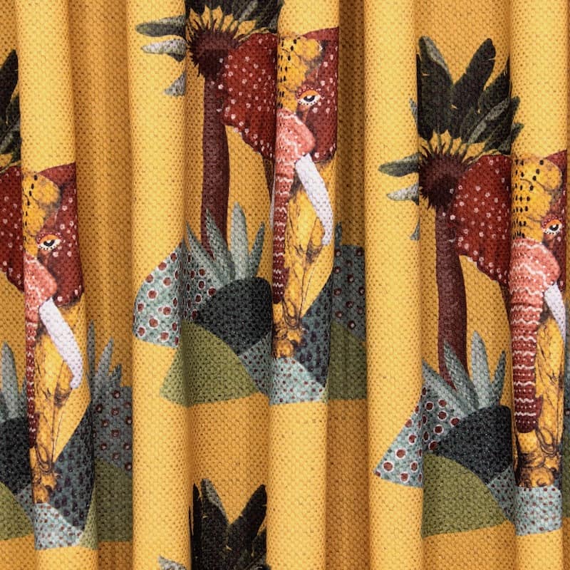 Fabric in cotton and linen with elephants - mustard yellow