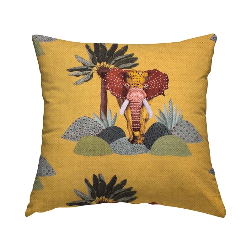 Fabric in cotton and linen with elephants - mustard yellow