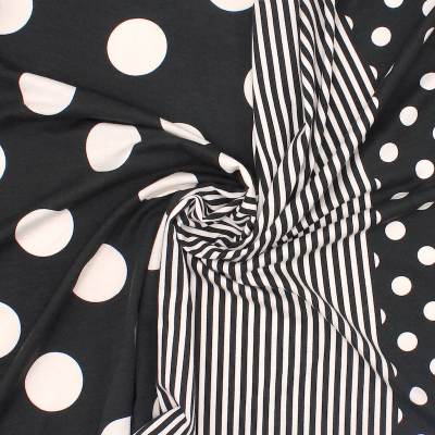 Viscose jersey fabric with polka dots and stripes - black and white