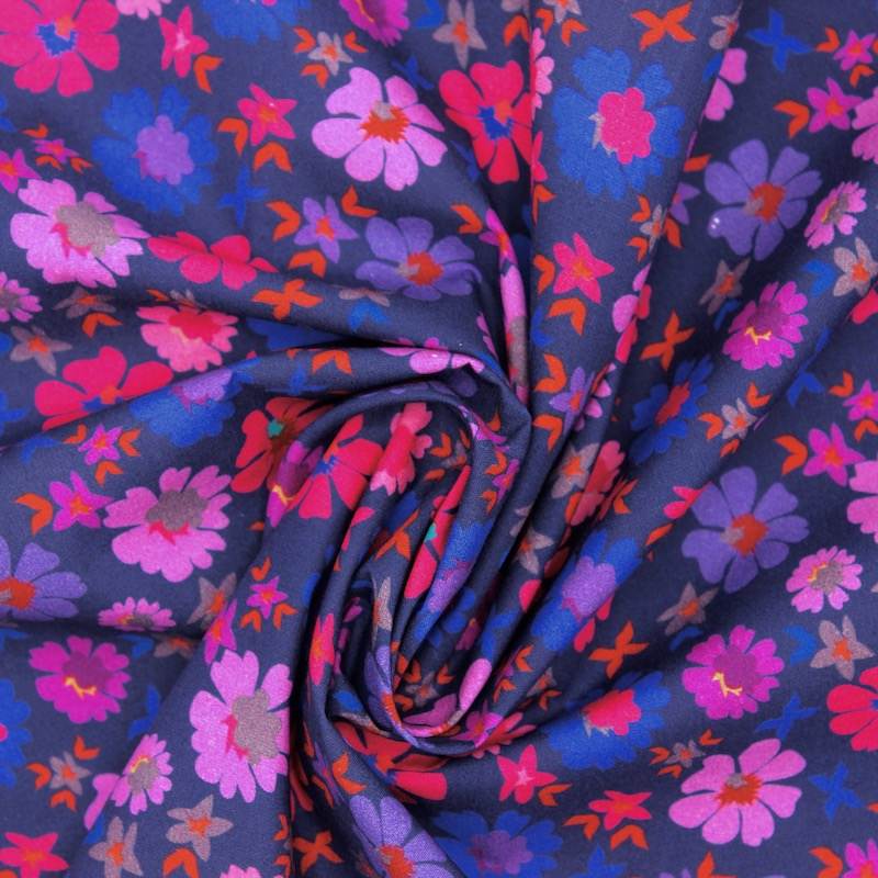 Cotton poplin with floral print - navy blue