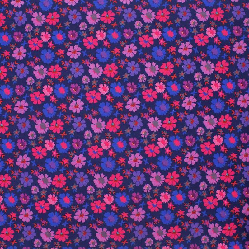 Katoenen popeline met bloemenprint - marineblauw