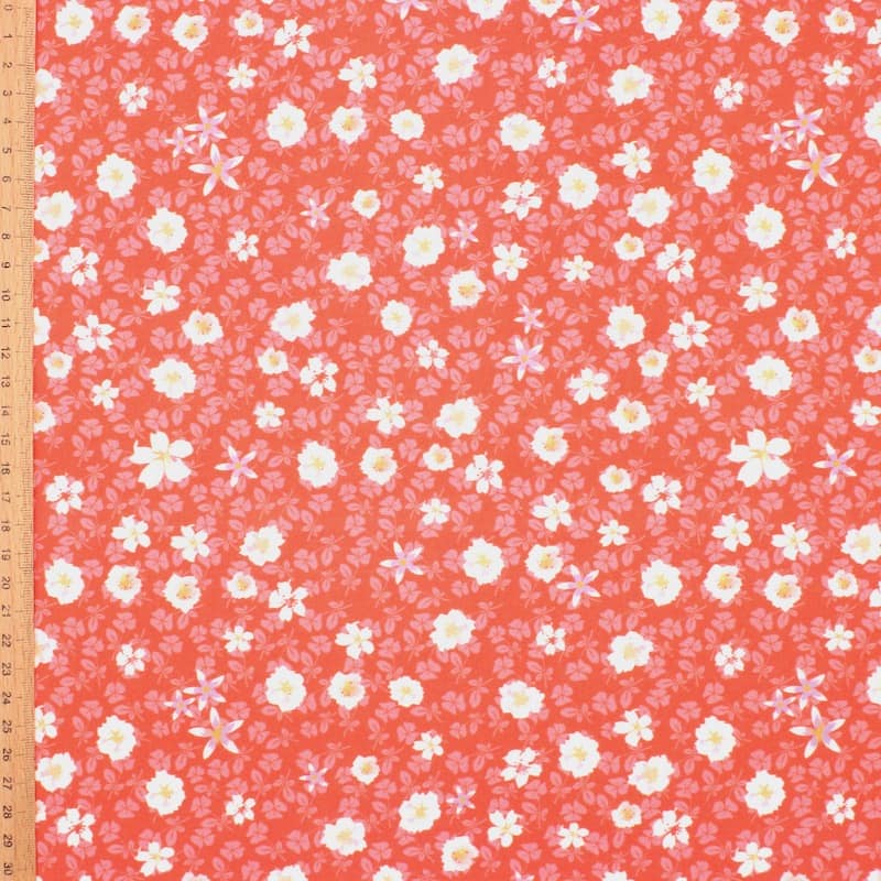 Tissu viscose fleurs automne - corail