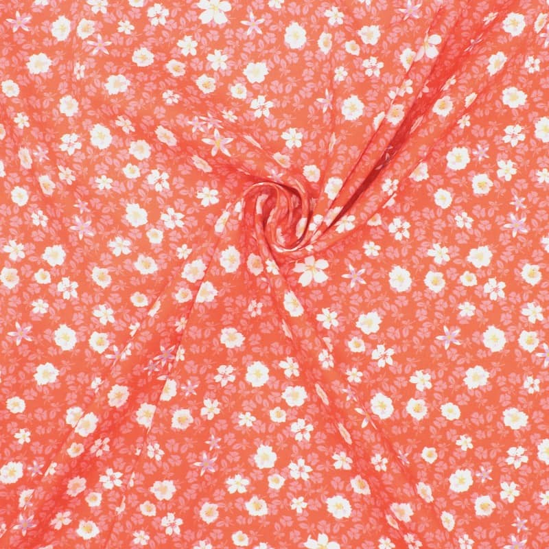 Tissu viscose fleurs automne - corail