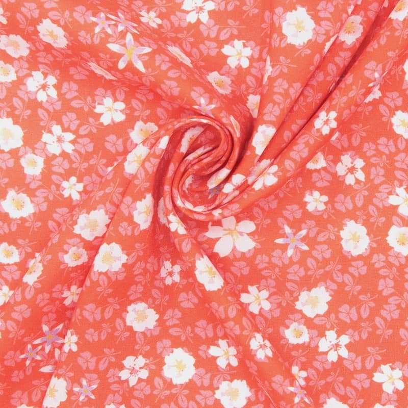 Tissu viscose fleurs automne - corail