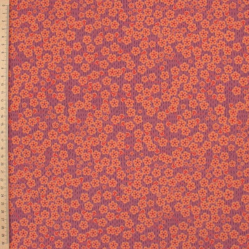 Poplin cotton with Japanese flowers - marsala