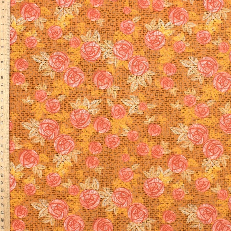 Cotton poplin fabric with roses - burnt orange