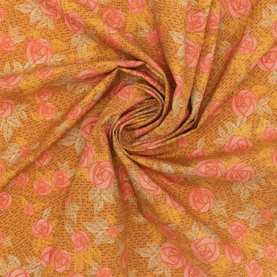 Cotton poplin fabric with roses - burnt orange