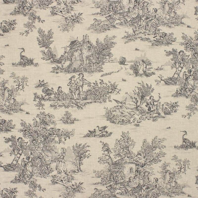 Tissu coton imprimé toile de jouy - noir