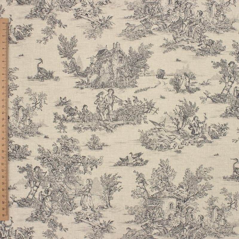 Tissu coton imprimé toile de jouy - noir